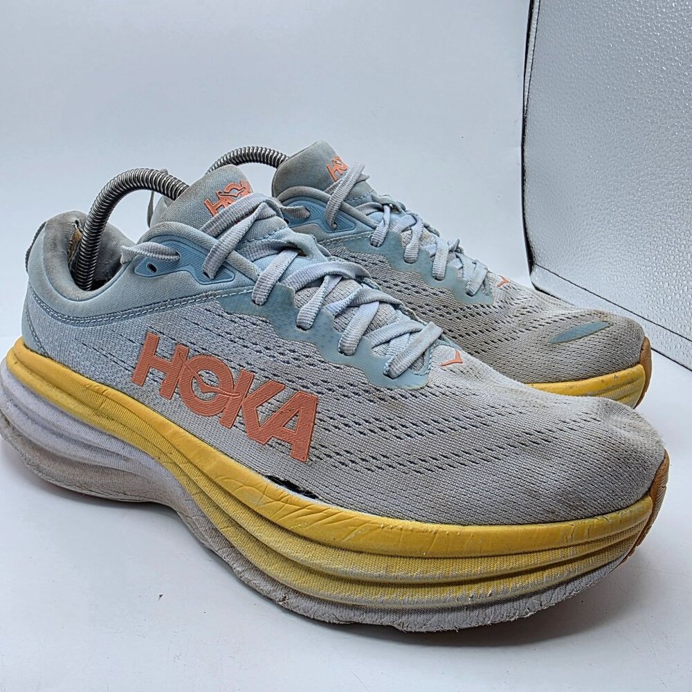 Hoka One One Bondi 8 Womens Size 10.5 B Gray Yellow Athletic Shoes Running Walk